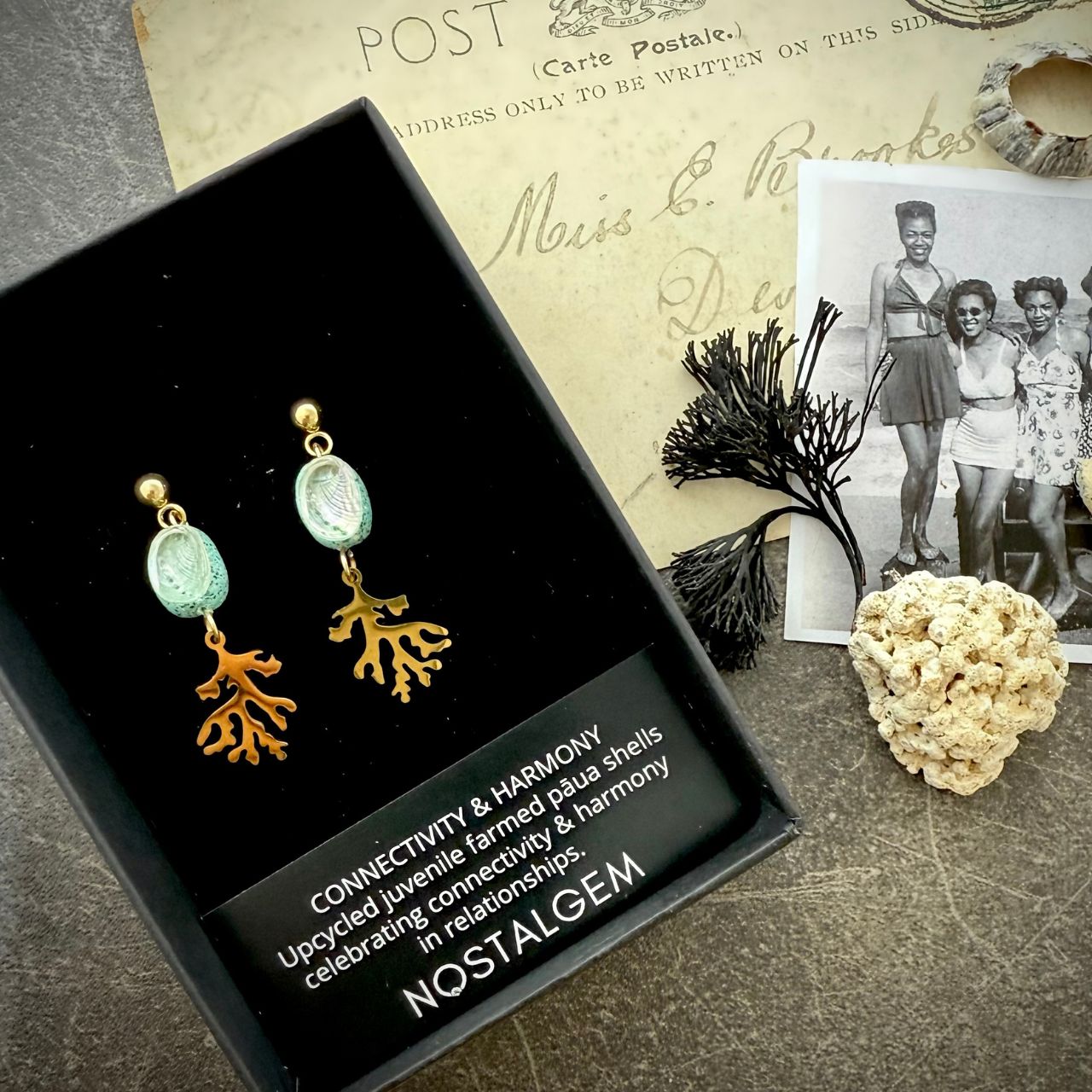 Tiny Paua & Coral Drop Earrings