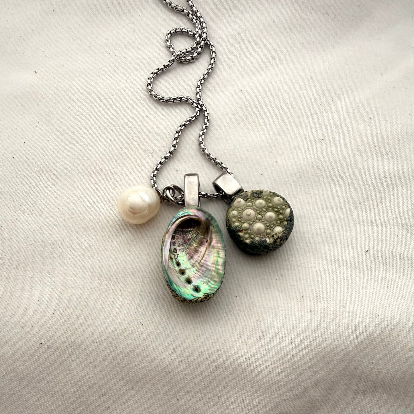Shell Story Trio Necklace: Pearl, Paua, Broken Kina