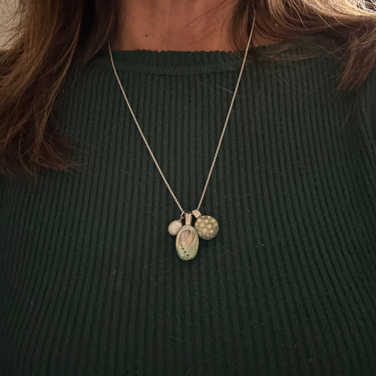 Shell Story Trio Necklace: Pearl, Paua, Broken Kina
