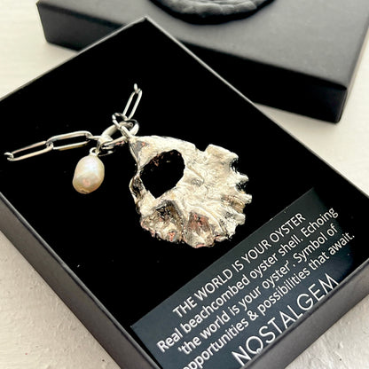 The World Is Your Oyster Shell & Baroque Pearl On Silver Paperclip Necklace