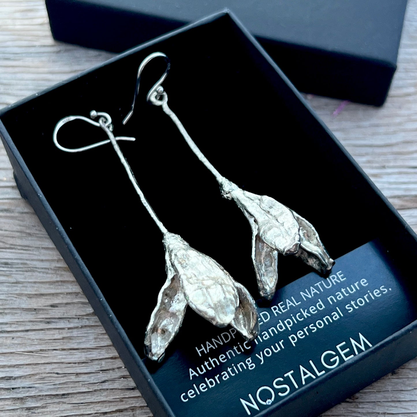 Oxidised Iris Pod Silver Dipped Dangle Earrings