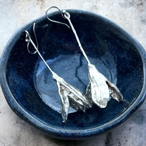 Oxidised Iris Pod Silver Dipped Dangle Earrings