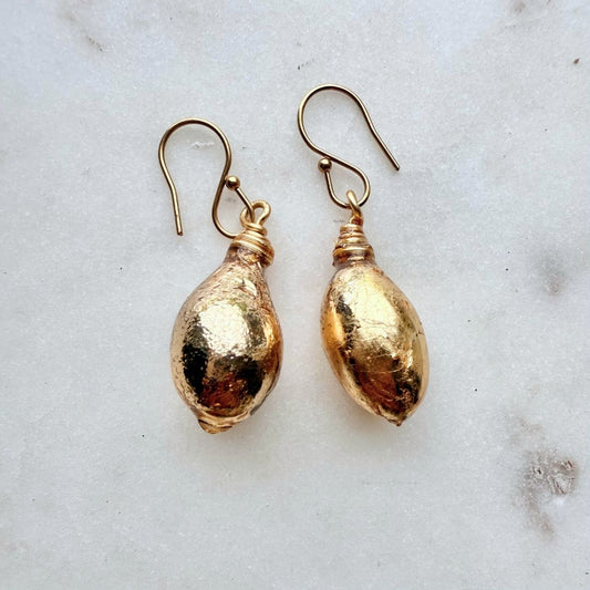 Gold seaweed bladder drop earrings, handmade jewellery