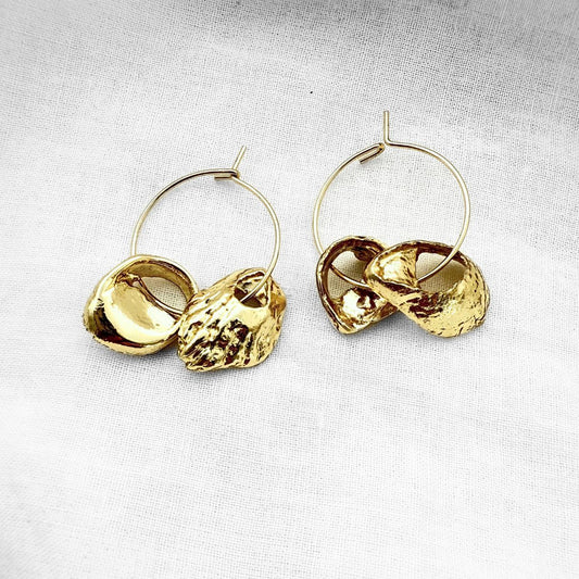 Gold beachcombed broken shell hoop earrings, handmade jewellery