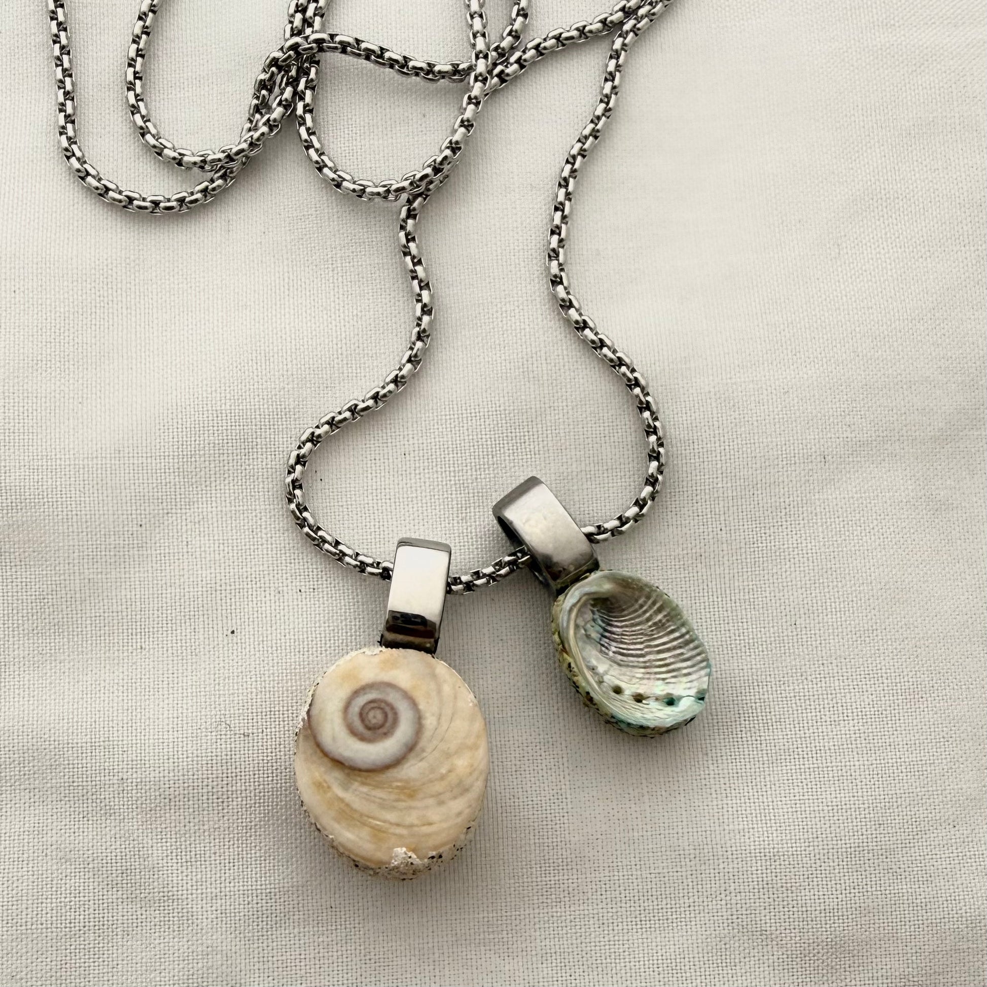 Cat's eye and paua shell pair necklace silver, handmade New Zealand jewellery