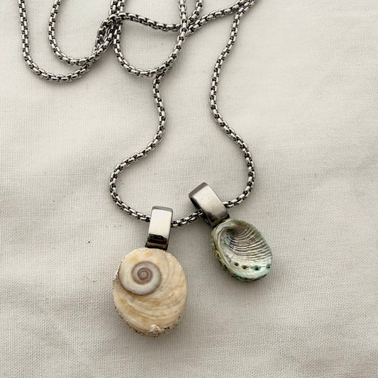 Cat's eye and paua shell pair necklace silver, handmade New Zealand jewellery