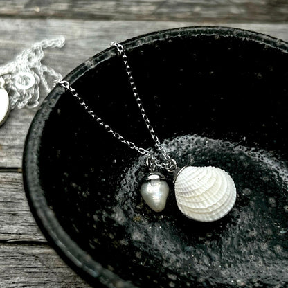 Surf Clam Cockle Shell With Baby Pearl Waves Of Strength Necklace