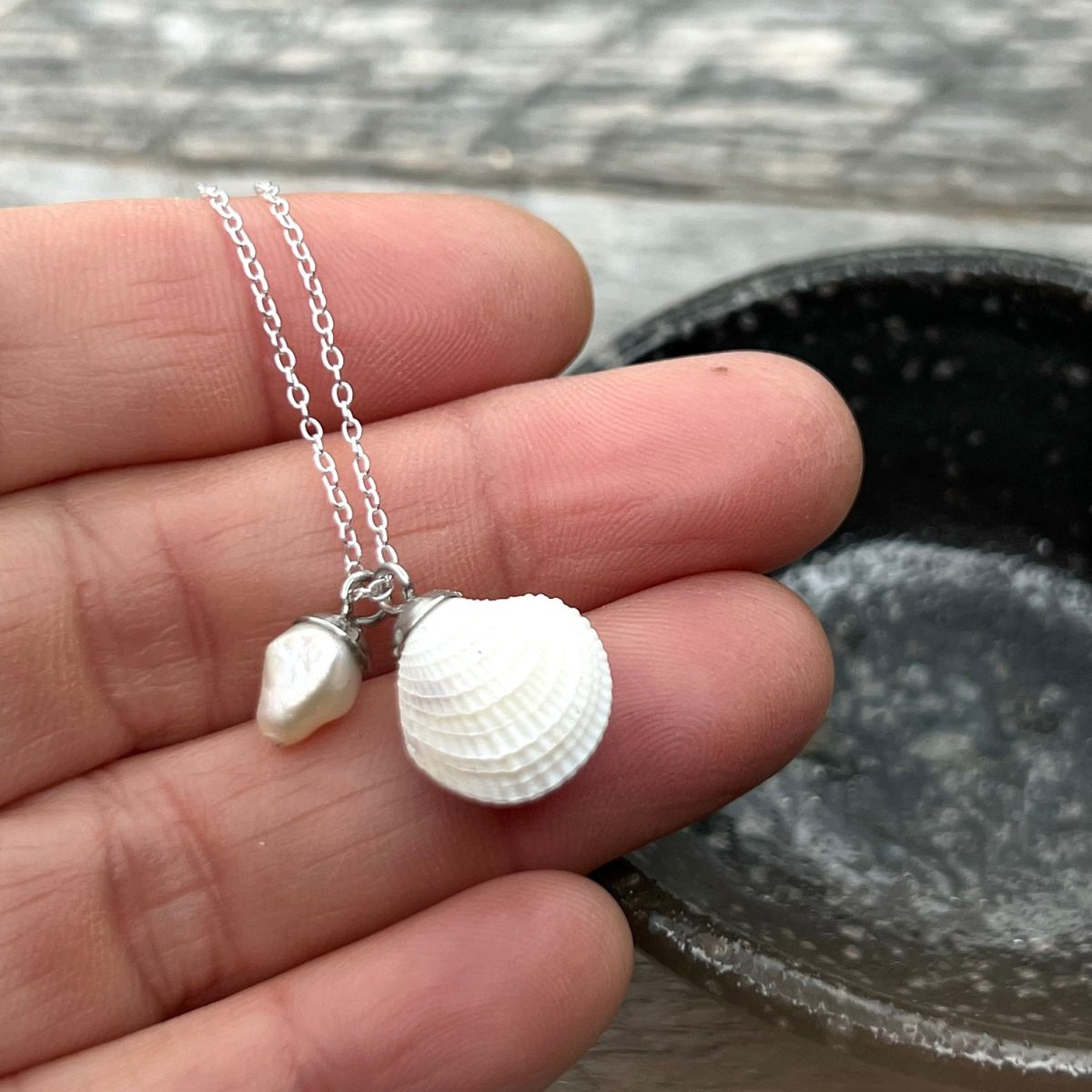 Surf Clam Cockle Shell With Baby Pearl Waves Of Strength Necklace