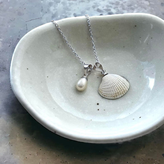 Surf Clam Cockle Shell With Baby Pearl Waves Of Strength Necklace