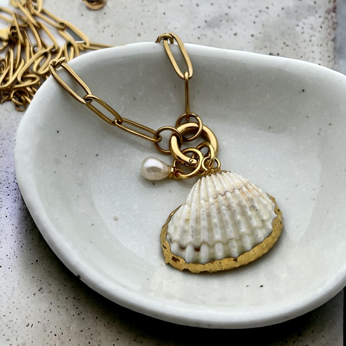 Surf Clam Cockle Shell With Baby Pearl Waves Of Strength Necklace