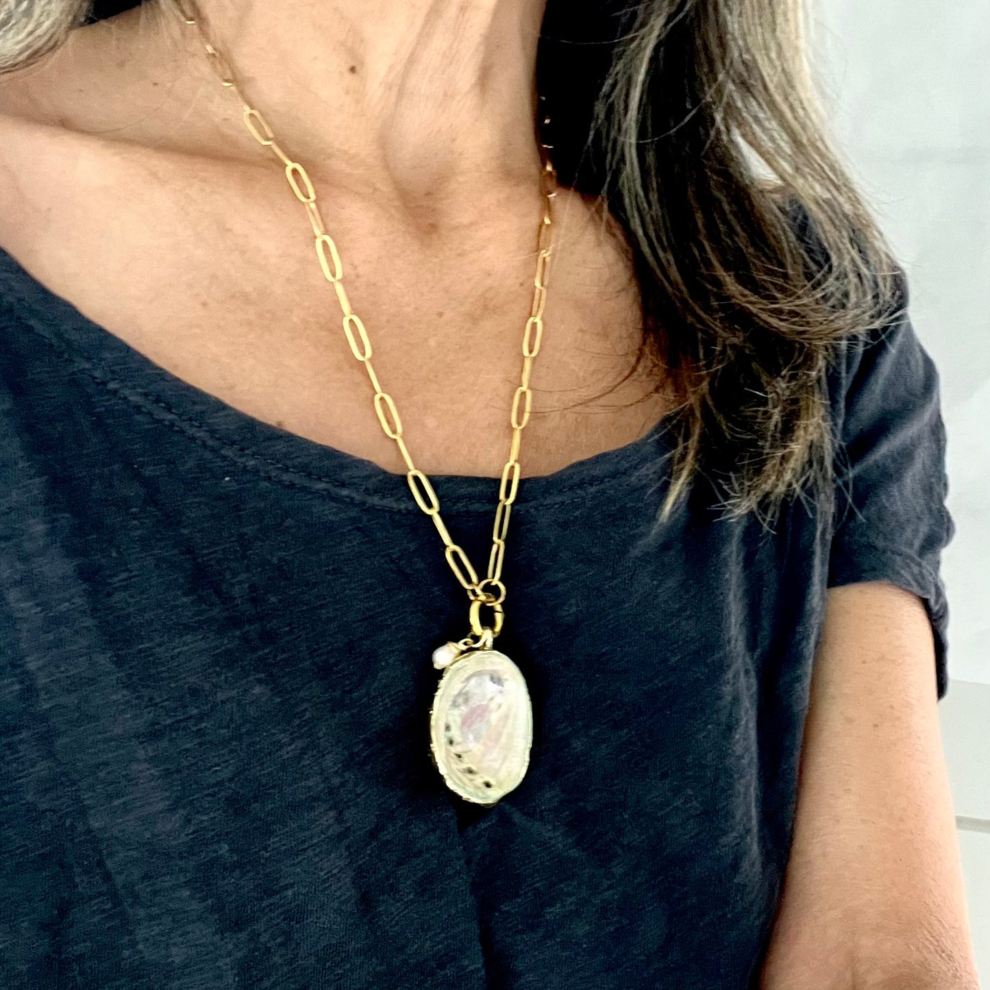 Large Gold Dipped Paua Shell Pendant & Baby Potato Pearl Gold Paperclip Necklace