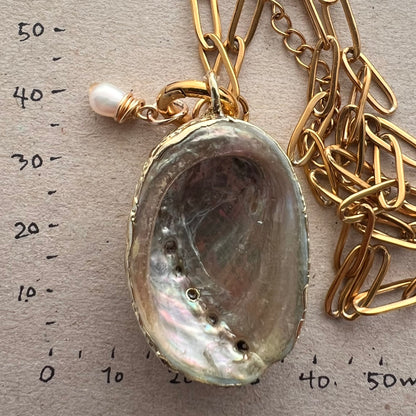 Large Gold Dipped Paua Shell Pendant & Baby Potato Pearl Gold Paperclip Necklace