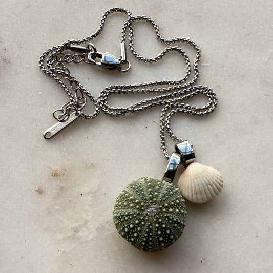 Mother and child kina and cockle shell story necklace, handmade New Zealand jewellery