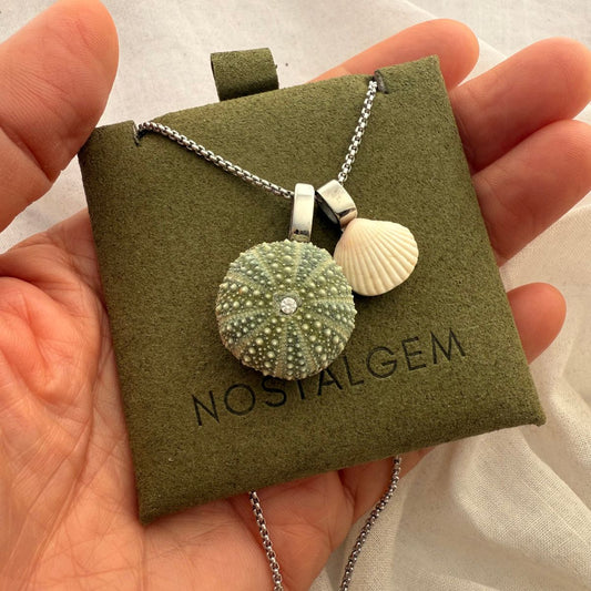 Kina and cockle shell necklace close-up detail