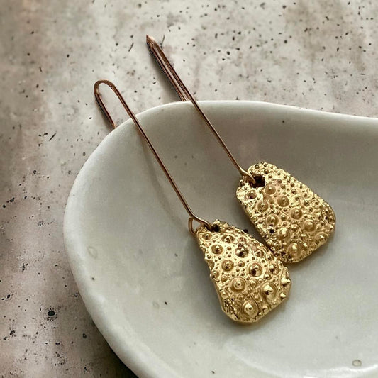 Kina Sea Urchin Shell Fragment Gold Metamorphic Beauty Drop Earrings