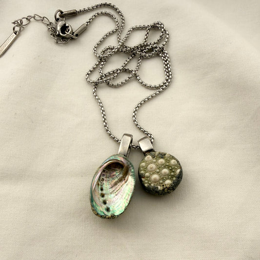 Paua and broken kina shell pair necklace worn, handmade New Zealand jewellery