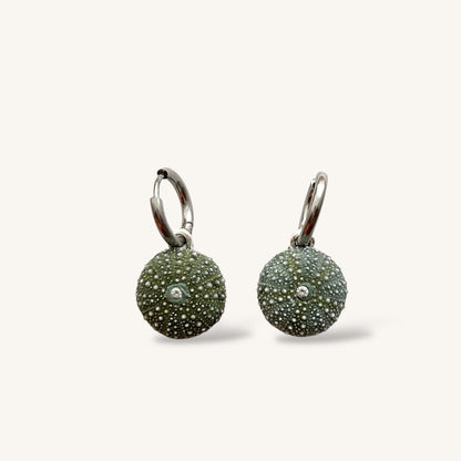 Tiny Whole Kina Sea Urchin Shell Round Hoop Earrings