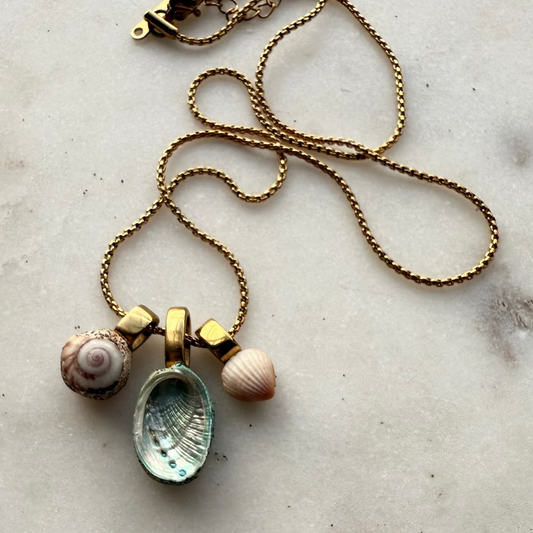 Whānau shell story necklace paua wheel and cockle, handmade New Zealand jewellery