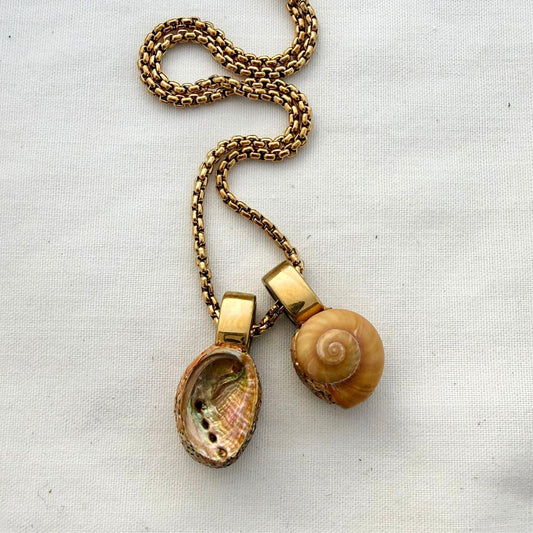 Paua and pinwheel shell pair story necklace gold, handmade jewellery