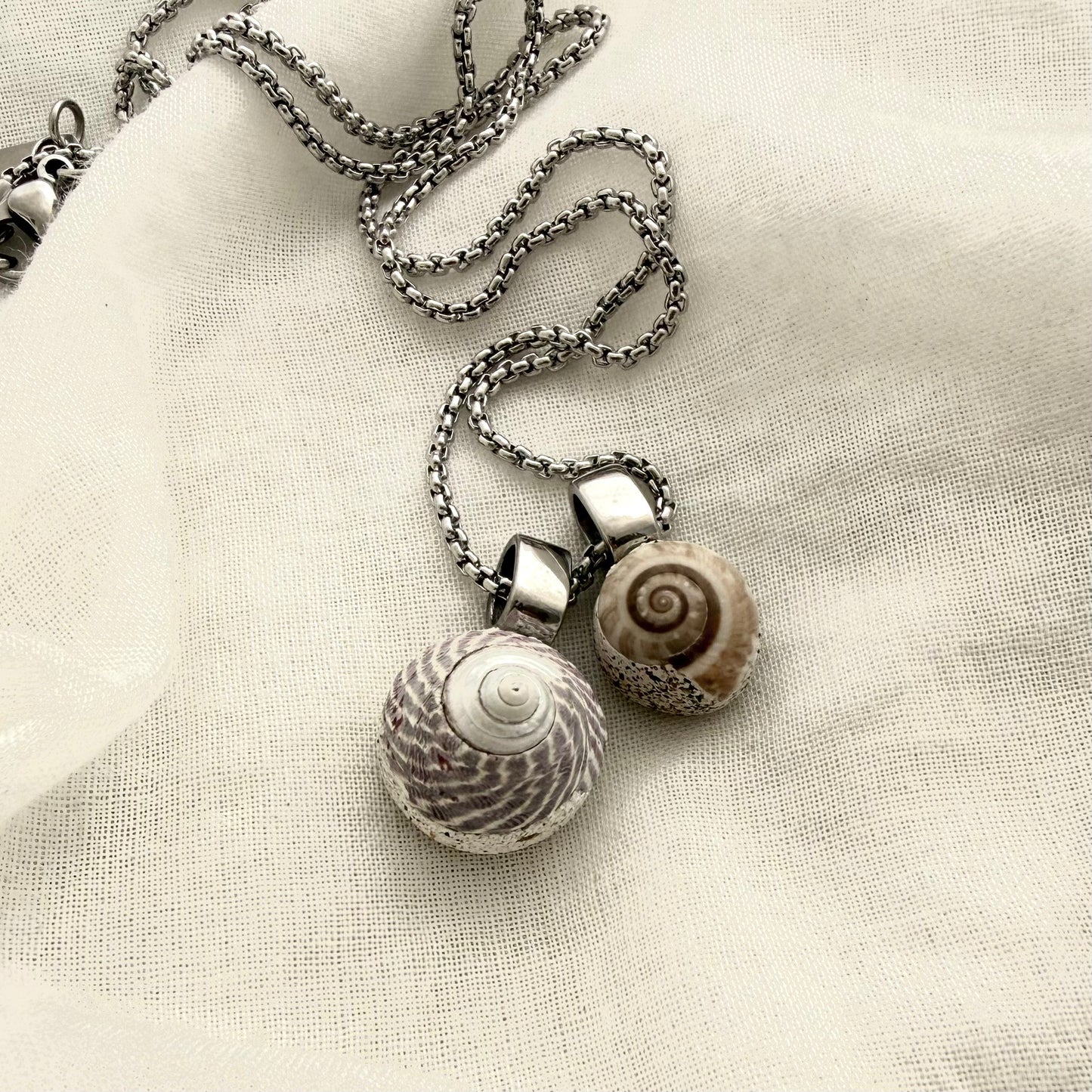 Spiral koru shell pair necklace, handmade New Zealand jewellery