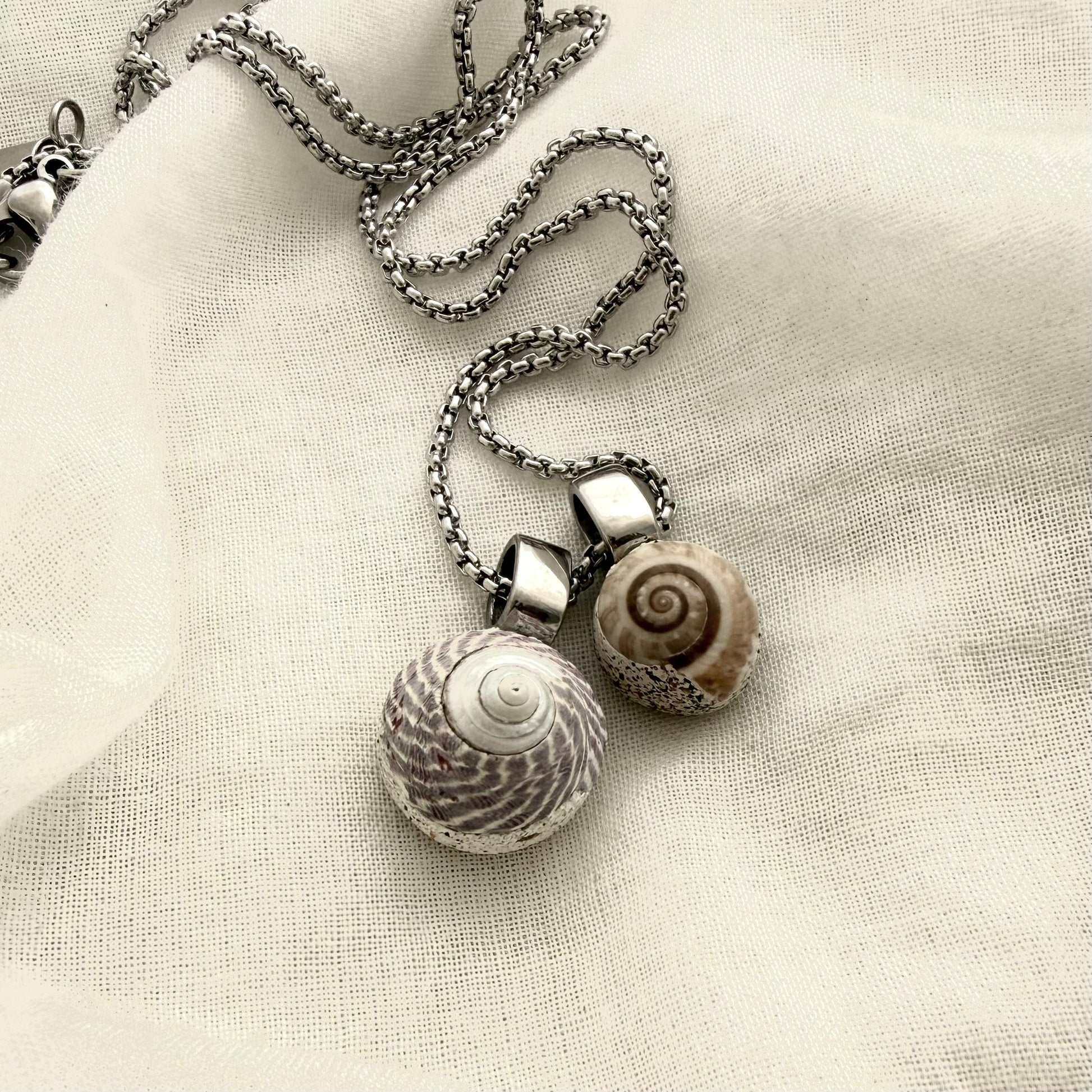 Spiral koru shell pair necklace, handmade New Zealand jewellery