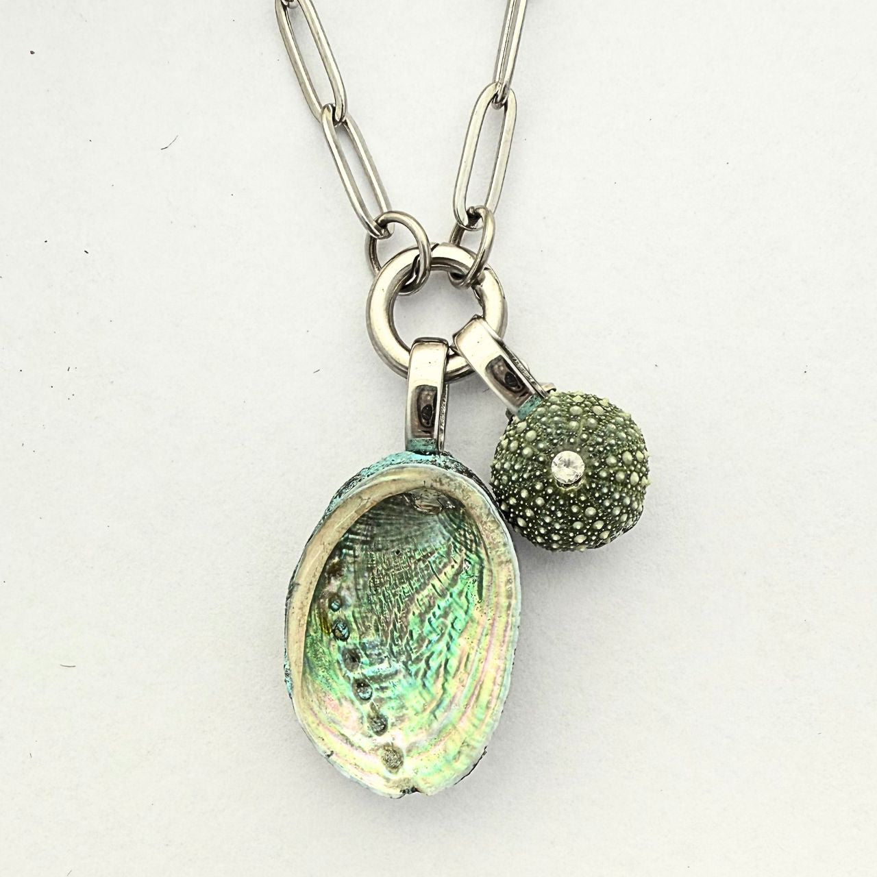 Statement paua and kina shell pair charm holder necklace silver, handmade New Zealand jewellery