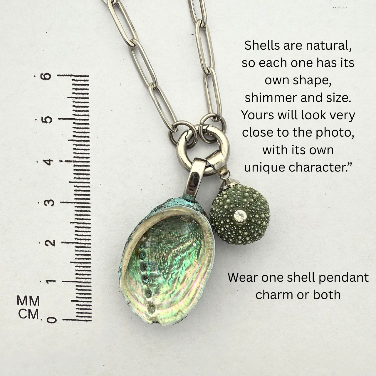 Paua and kina charm holder necklace styled shot