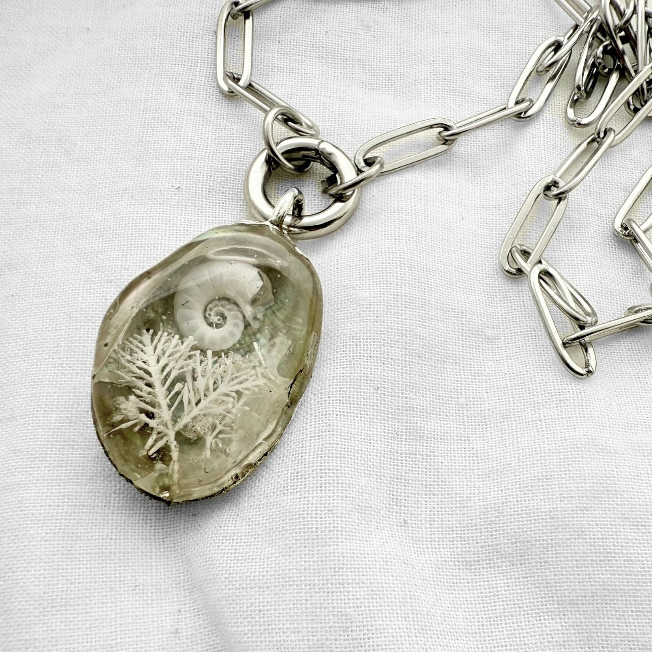 Ocean floor diorama necklace, silver-plated paua shell pendant, handmade jewellery
