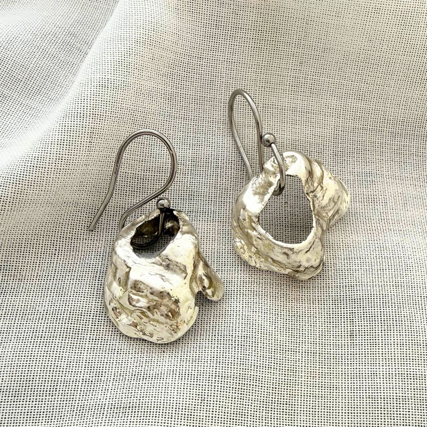 Broken oyster shell earrings silver, handmade New Zealand jewellery