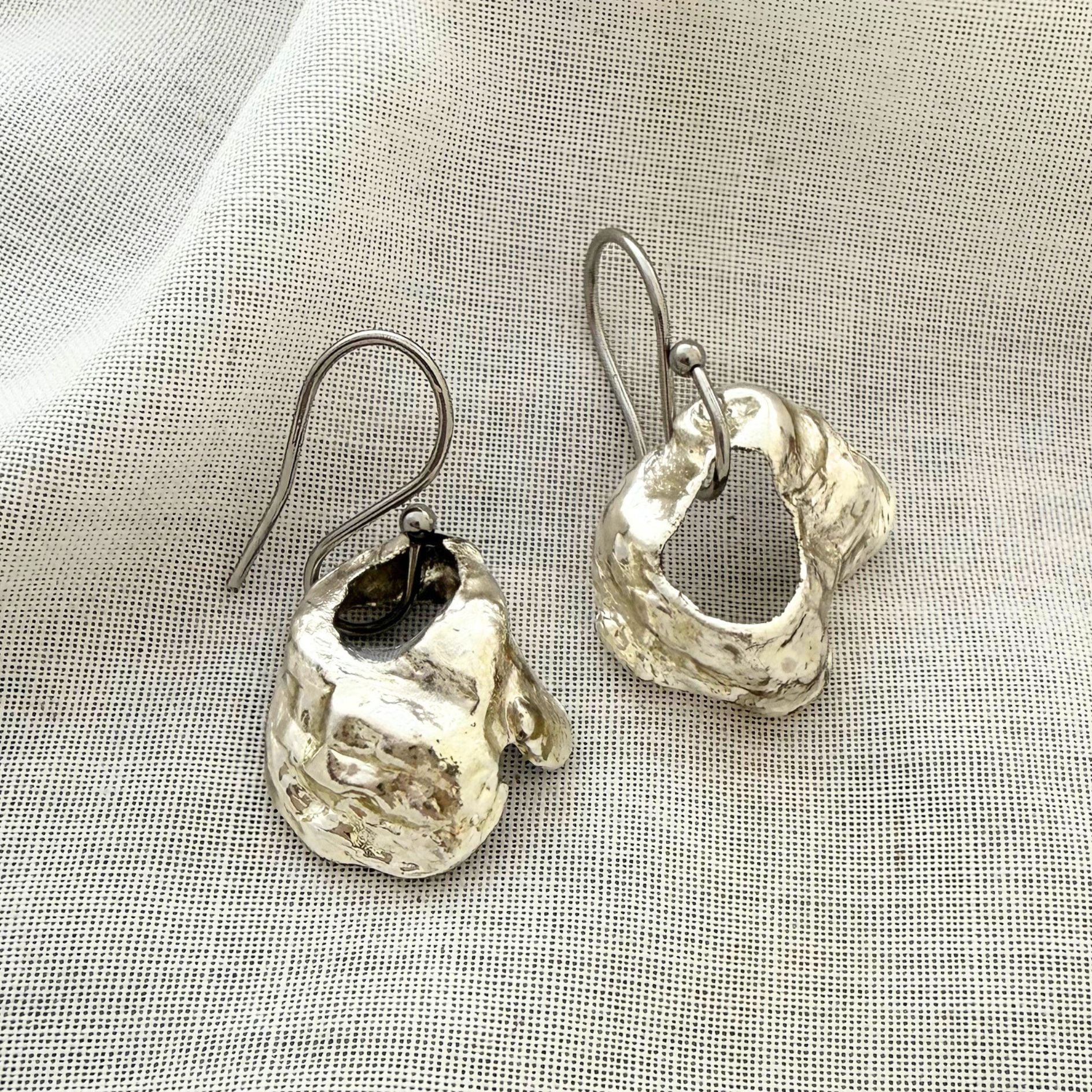 Broken oyster shell earrings silver, handmade New Zealand jewellery
