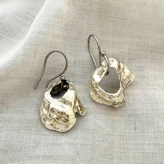 Broken oyster shell earrings silver, handmade New Zealand jewellery