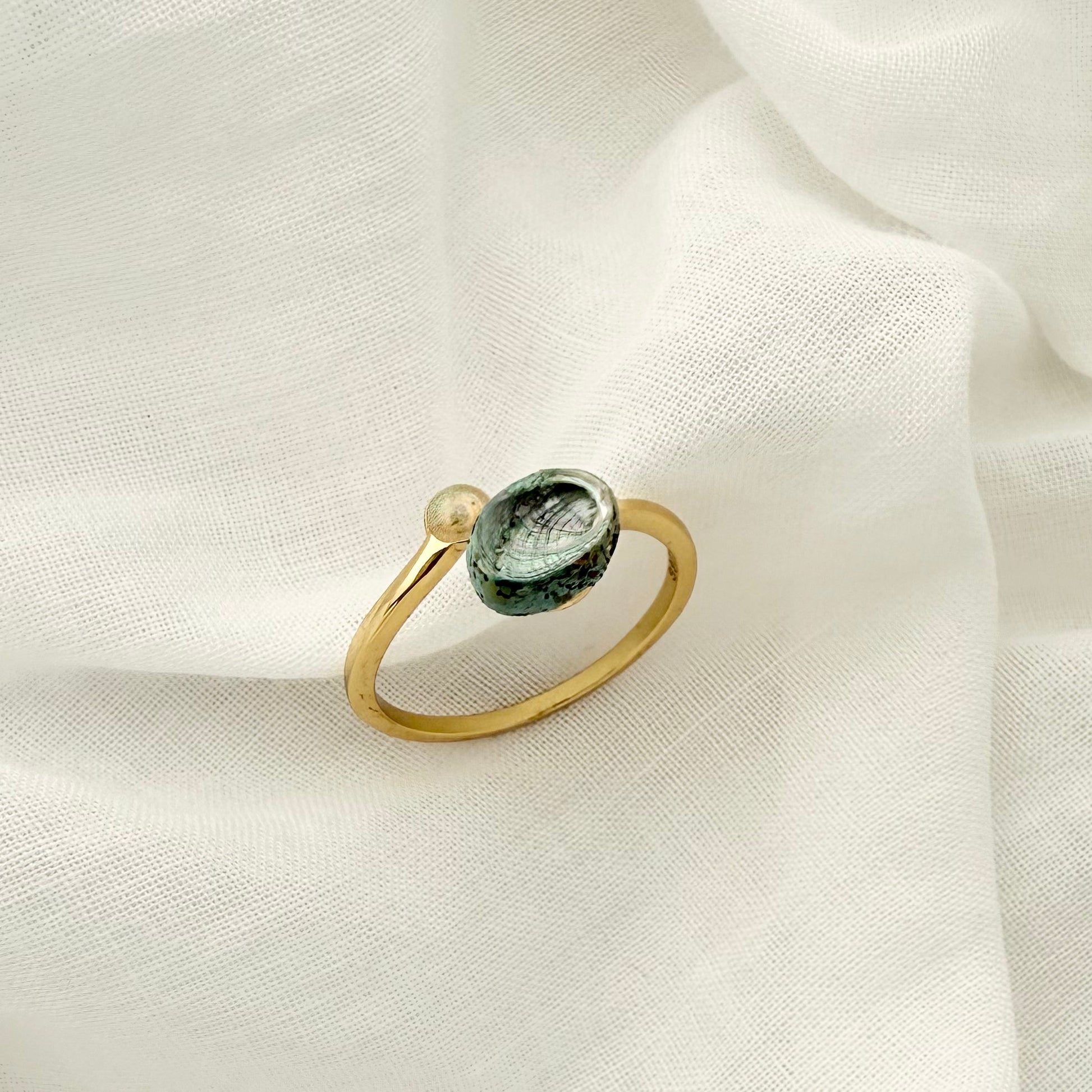 Tiny paua and sand dome sterling silver ring cuff, handmade in New Zealand