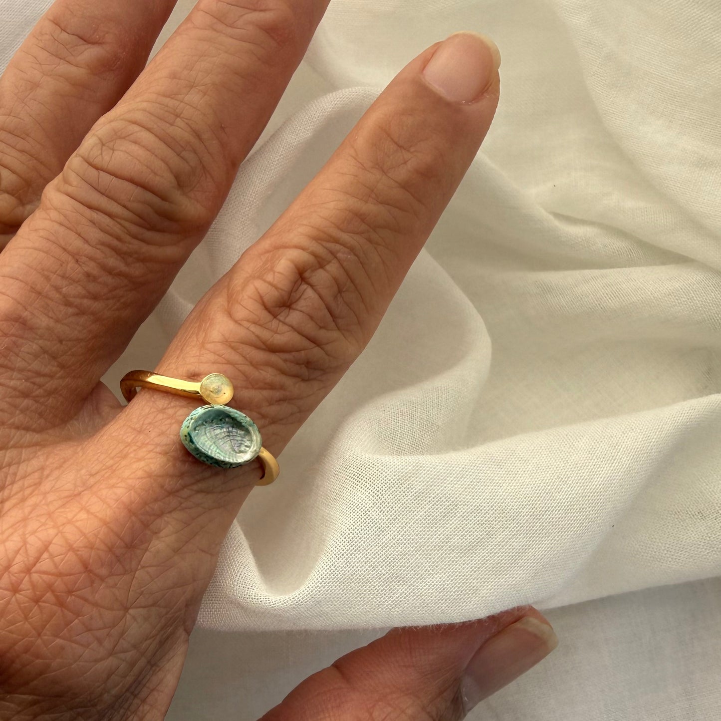 Paua and sand dome ring cuff, adjustable band detail