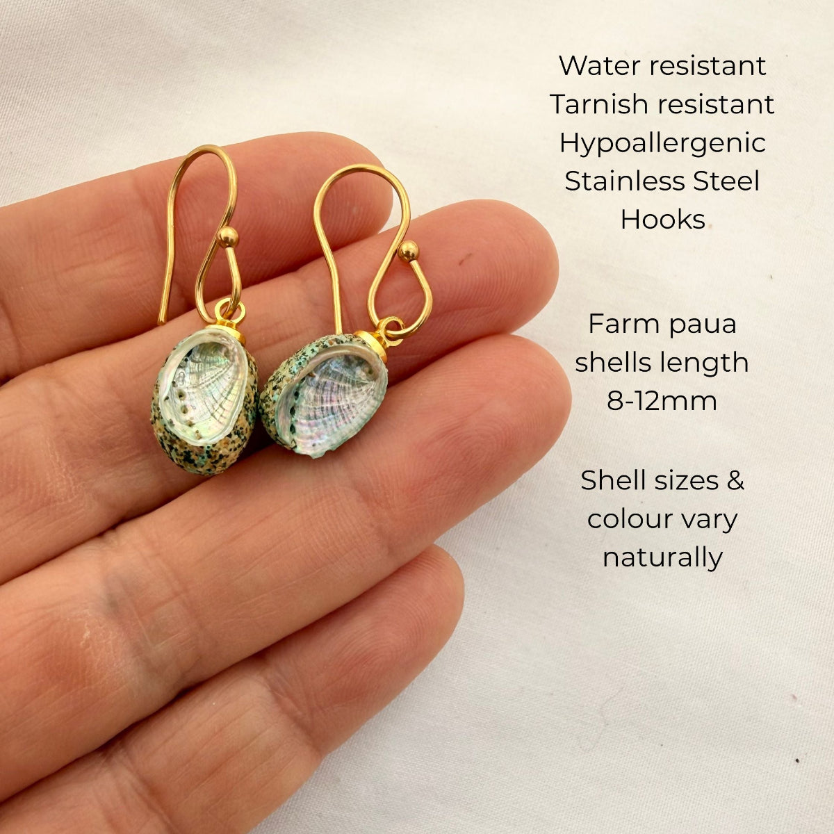 Paua shell dangle hook earrings styled on model
