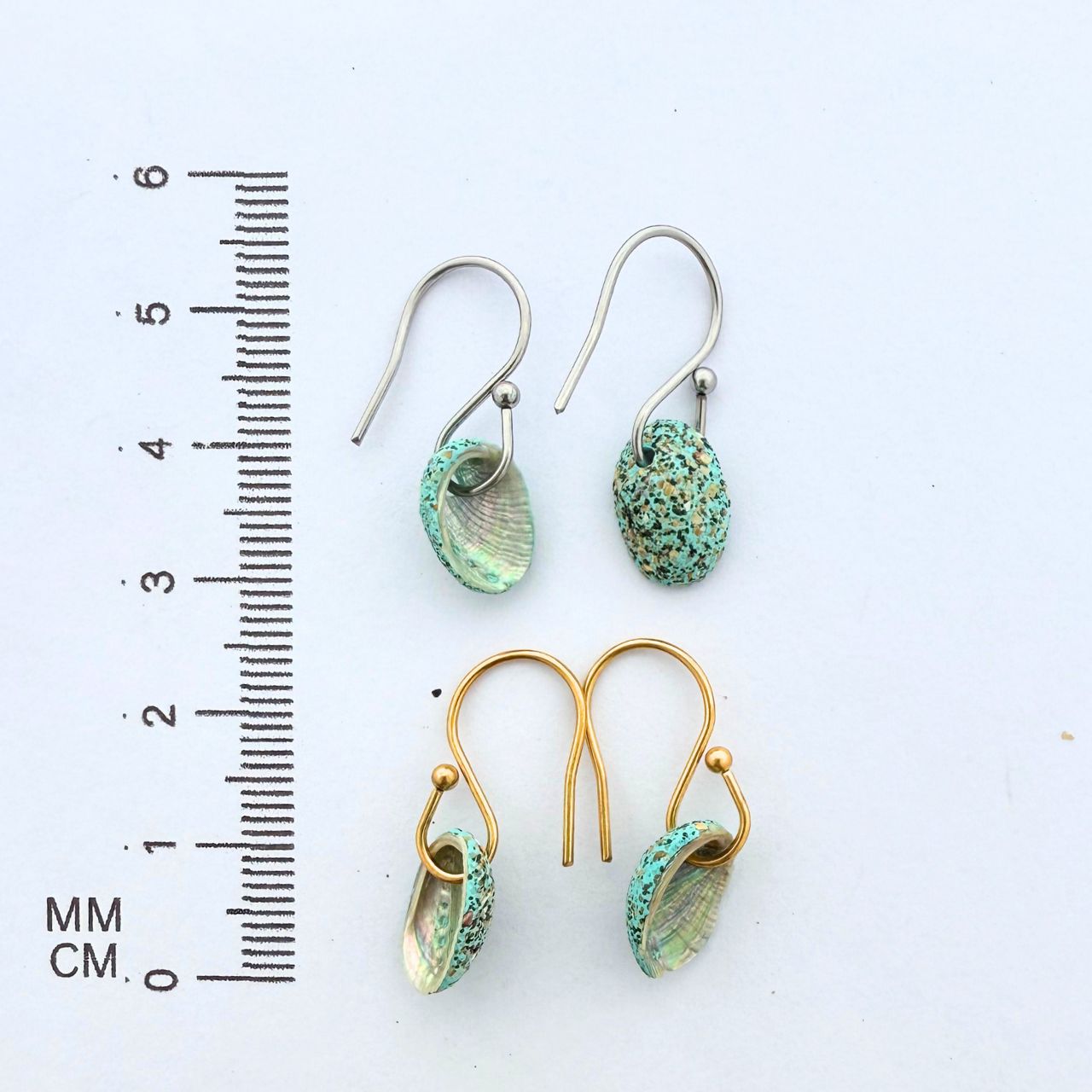 Paua shell beachsand stone hook earrings pair, natural variation