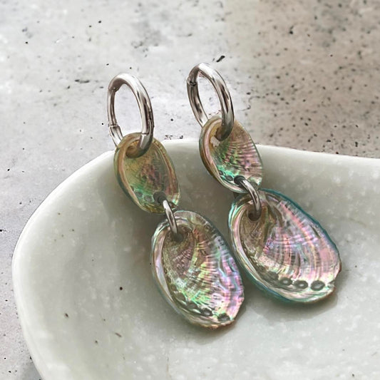 BACKORDER - Mother And Child Paua Shell Hoop Earrings - Silver