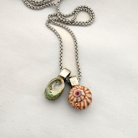 Pāua and kota shell pair necklace worn, handmade New Zealand jewellery
