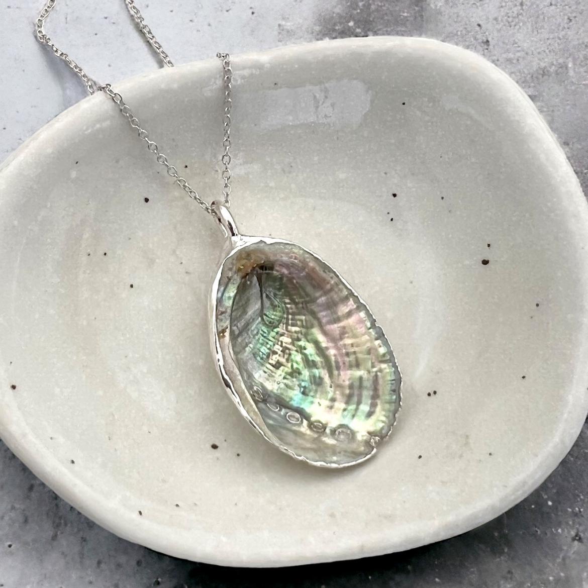 Paua Shell Large Silver Pendant Necklace