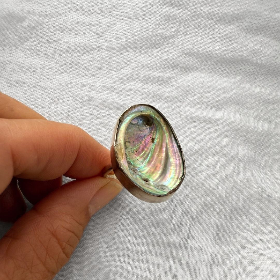 Large paua shell sterling silver adjustable ring, handmade New Zealand jewellery
