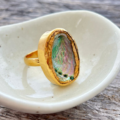 BCFM Early Bird Day 5 (22 Nov): (RI02) Gold Plated Sterling 28mm Silver Paua Shell Ring Adjustable