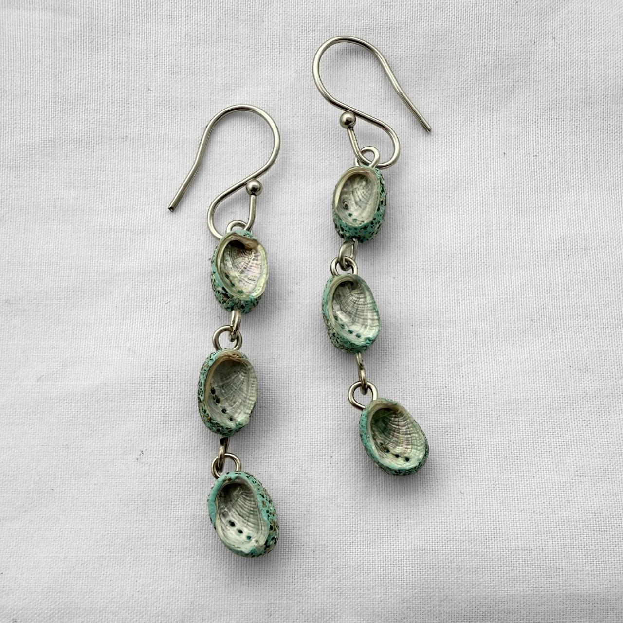 Paua trio chandelier earrings, beachsand stone clay, handmade jewellery