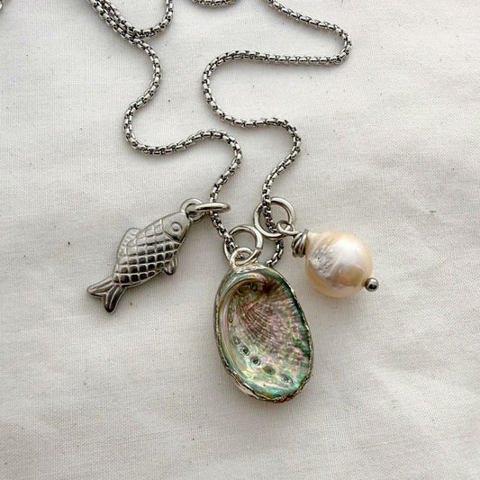 The Seafarer’s Story Trio Necklace: Paua, Pearl & Fish
