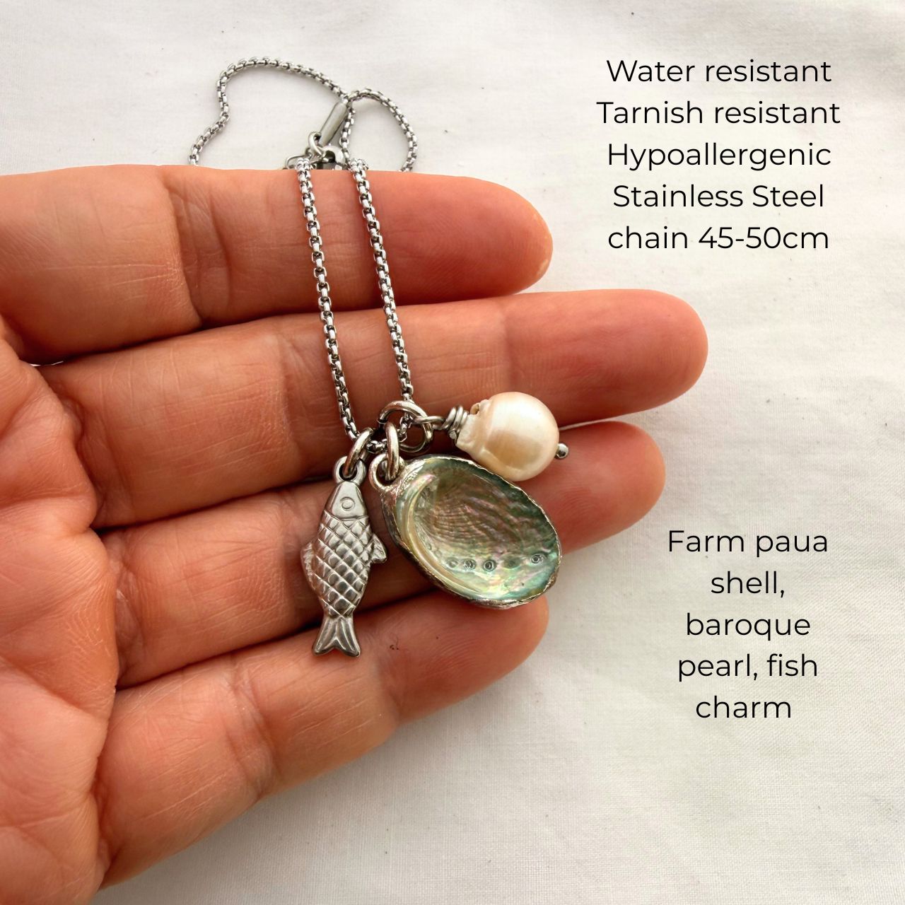 The Seafarer’s Story Trio Necklace: Paua, Pearl & Fish