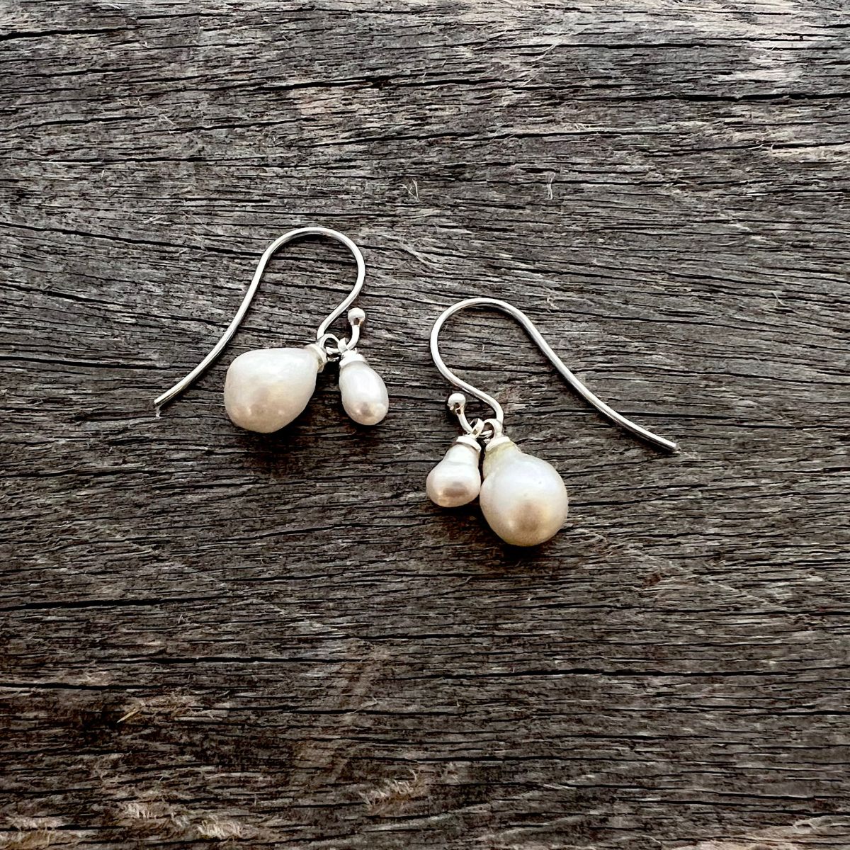 One of a kind asymmetrical sterling silver cast cedar and orders Pearl earrings