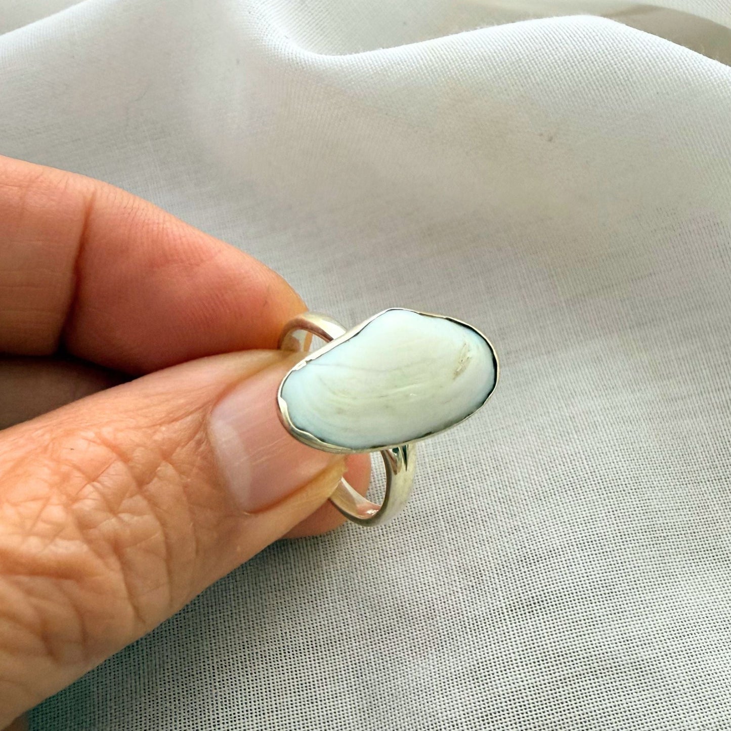 Surf clam pipi shell sterling silver ring, handmade New Zealand jewellery