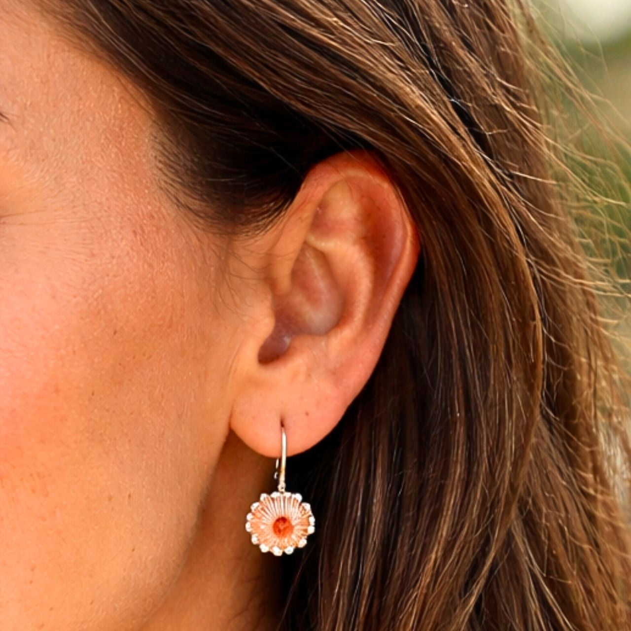 Pohutukawa floragem earrings close-up detail