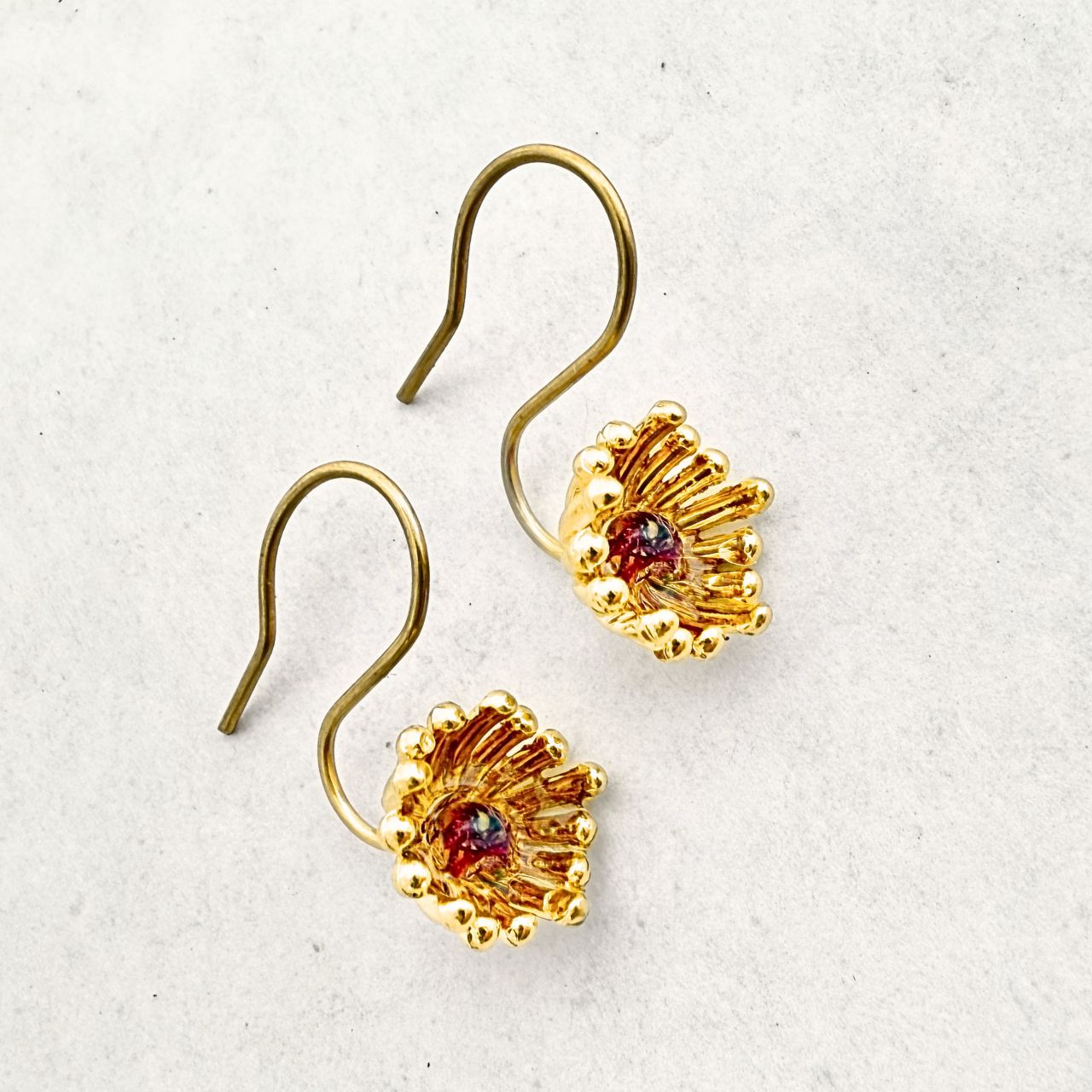 Pohutukawa floragem stamen hook earrings, handmade New Zealand jewellery