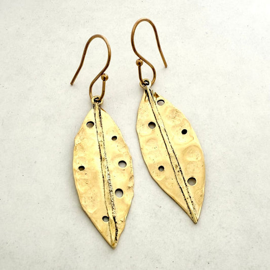 Pohutukawa Leaf Earrings - Hammered Recycled Brass