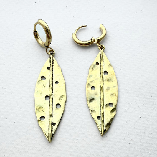 Pohutukawa Leaf Earrings - Hammered Recycled Brass