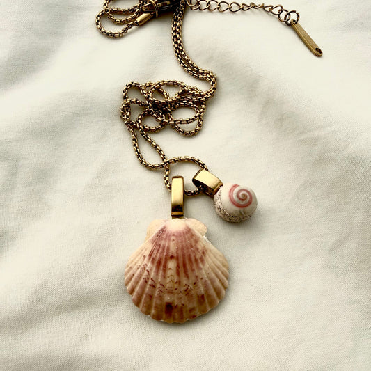 Scallop and spiral shell pair necklace gold, handmade New Zealand jewellery